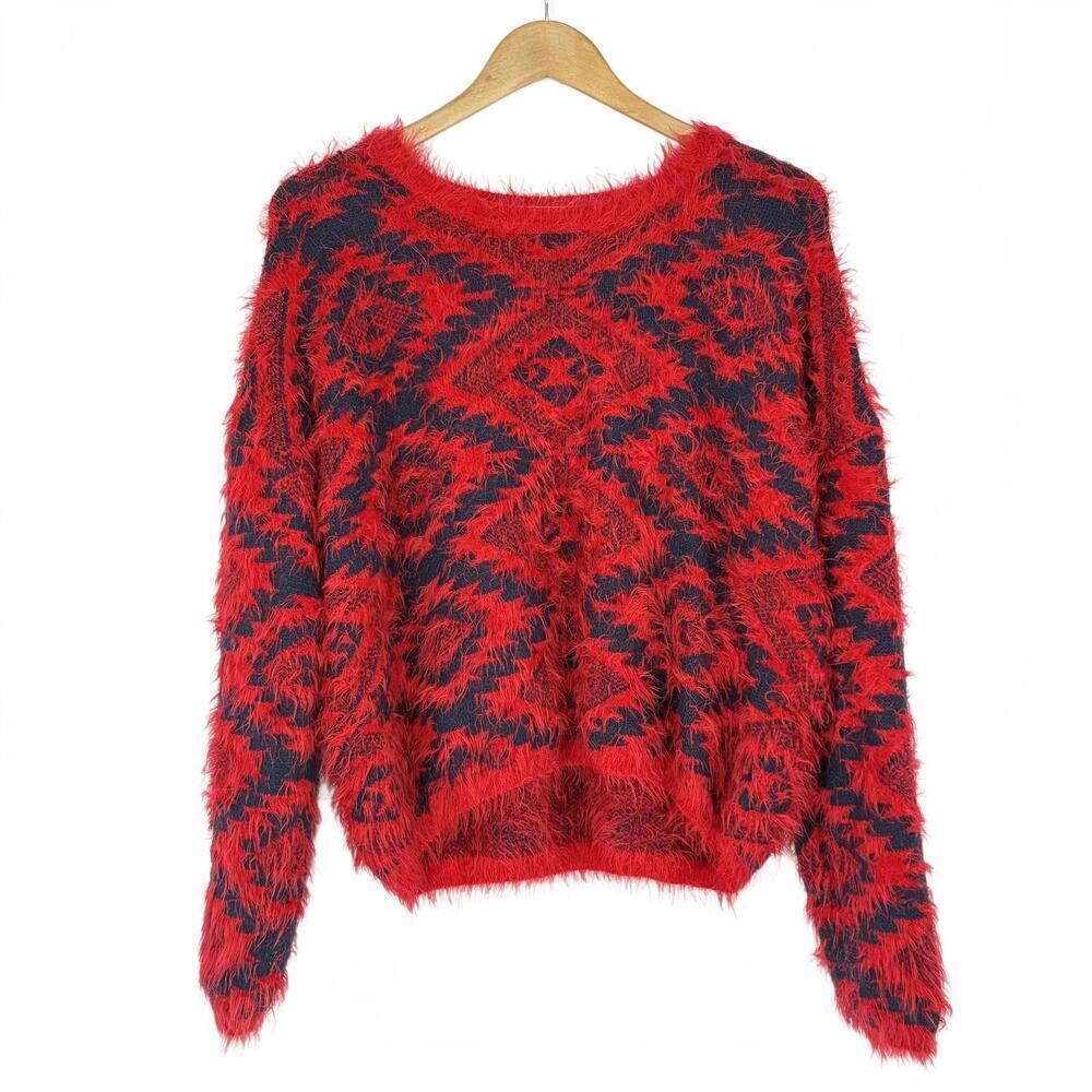 Freeway Cozy Soft Tribal Aztec SW Print  Red and Navy Fuzzy Knit Sweater Size S